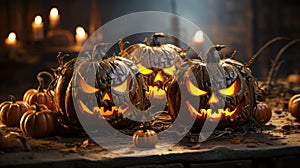 A group of carved pumpkins with lit faces
