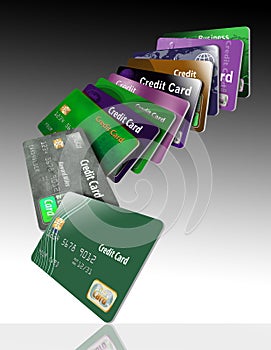 A group of cascading credit cards in seen
