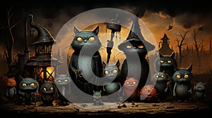 A group of cats and cats with pumpkins and lanterns