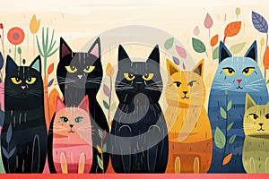 A group cats in a colorful, geometric pattern - Ristograph Art. AI Generated