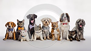 Group of cats and dogs in tie on white background