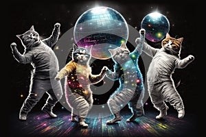 group of cats dressed up in disco clothes, dancing under a glittering disco ball illustration generative ai