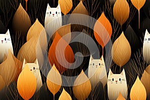 a group of cats and leaves on a black background