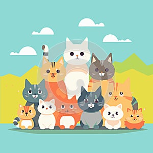 A group of cats are sitting in front of a mountain.