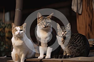 group of cats sitting and looking at camera, with warm and inviting atmosphere