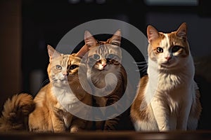 group of cats sitting and looking at camera, with warm and inviting atmosphere