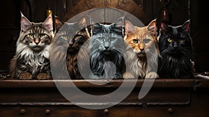 Group of cats sitting in an old suitcase on a dark background.