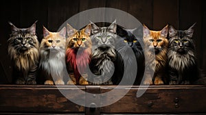 Group of cats sitting in an old suitcase on a dark background.