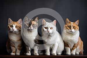 group of cats sitting together, looking into the camera with curious and playful expressions