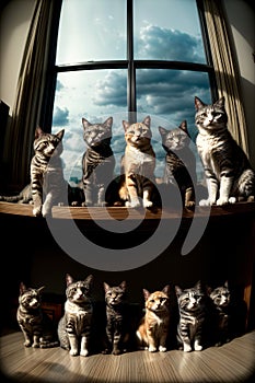 A Group Of Cats Sitting On Top Of A Window Sill. Generative AI