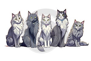 Group of cats sitting on a white background,  illustration in cartoon style