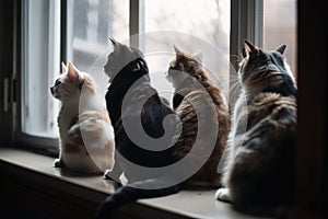 group of cats sitting on windowsill, looking outside