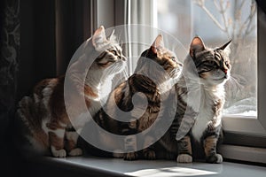 group of cats sitting on windowsill, looking outside