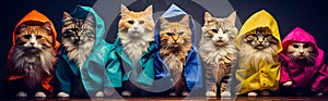 Group of cats wearing of colored coats and hoods