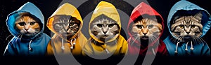 Group of cats wearing of colored coats and hoods
