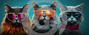 group of cats wearing sunglasses on vibrant background