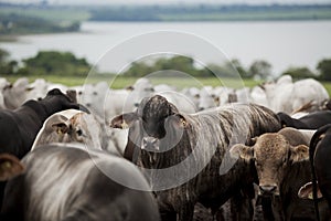 A group of cattle herded in confinement in a cattle farm in Brazil