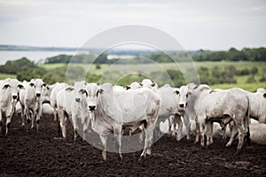 A group of cattle herded in confinement in a cattle farm in Brazil