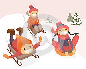 Group of caucasian kids enjoying a sleigh ride.