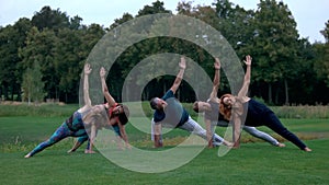 Group of caucasian people doing yoga in park.