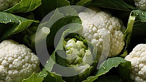 Group of Cauliflowers with Green Leaves Background Selective Focus