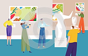 Group of character people together visit art museum, exhibition artwork object picture and sculpture flat vector