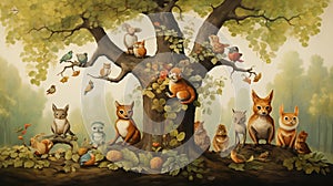 A group of cheerful animals in a forest