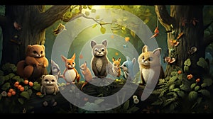 A group of cheerful animals in a forest