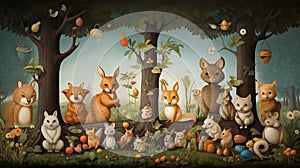 A group of cheerful animals in a forest