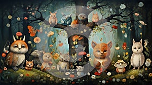 A group of cheerful animals in a forest