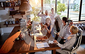 Group of cheerful business women are posing for a photo while they are at lunch break at workplace. Business, office, job