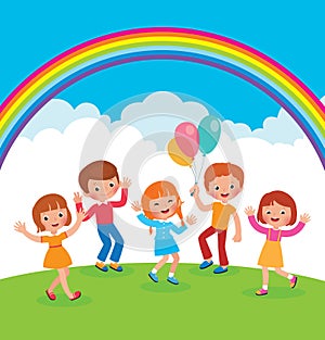 Group of cheerful children with balloons playing on the lawn vector cartoon illustration