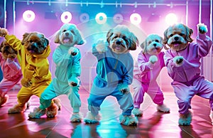 Group of cheerful dogs dancers in tracksuits dancing disco on the dance floor together