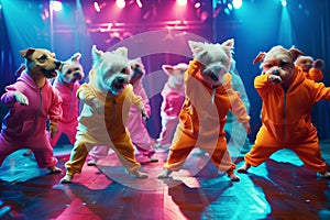 Group of cheerful dogs dancers in tracksuits dancing disco on the dance floor together