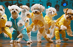 Group of cheerful dogs dancers in tracksuits dancing disco on the dance floor together