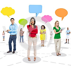 Group of Cheerful People Using Digital Devices with Speech Bubbles