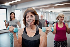 Group of cheerful seniors in gym doing exercise with dumbbells.