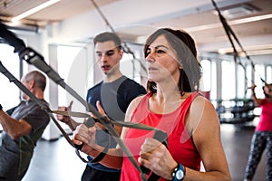 A group of cheerful seniors in gym with a young trainer doing exercise with TRX.