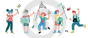 Group of cheerful summer kids, little tourists or campers, explorers cartoon vector