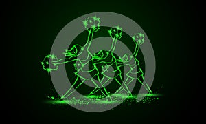 Group of cheerleaders dances with pom poms. Green neon cheerleading background. photo