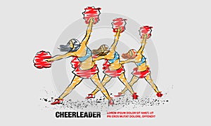 Group of cheerleaders dances with pom poms. Vector outline of sport dance with scribble doodles style drawing.