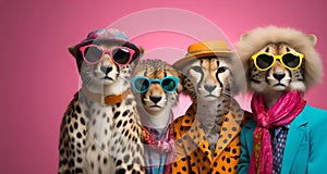 Group of cheetah in funky Wacky wild mismatch colourful outfits isolated on bright background advertisement