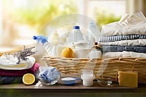 Group of chemical and alternative laundry products on a table