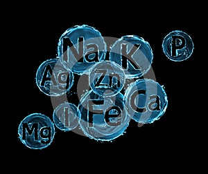 Group of chemical minerals and microelements on black background.