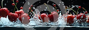 Group of Cherries Splashing Into Water