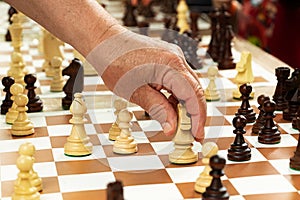 Group of chess pieces on the portable board.Man moving figure,closeup photography.Playing in the park concept.Family rest or