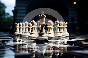 Group of chess pieces sitting on top of table. Generative AI