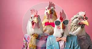 Group of chicken hen in funky Wacky wild mismatch colourful outfits isolated on bright background advertisement