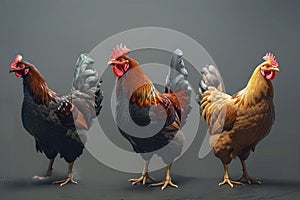 A group of chickens of different breeds are standing side-by-side against a grey background