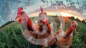 A group of chickens stands on a dry grass field, pecking and scratching the ground